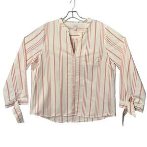 J. Crew Factory Button Up Split Neck Long Sleeve Shirt Women L White Pink Stripe